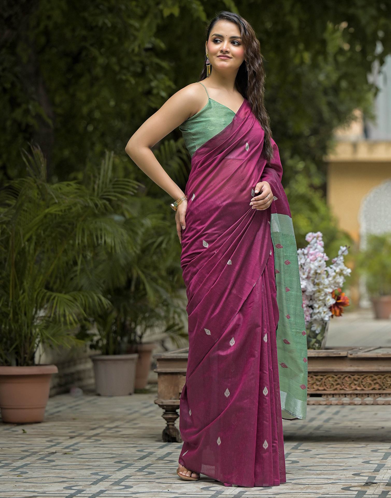Wine Linen Woven Saree