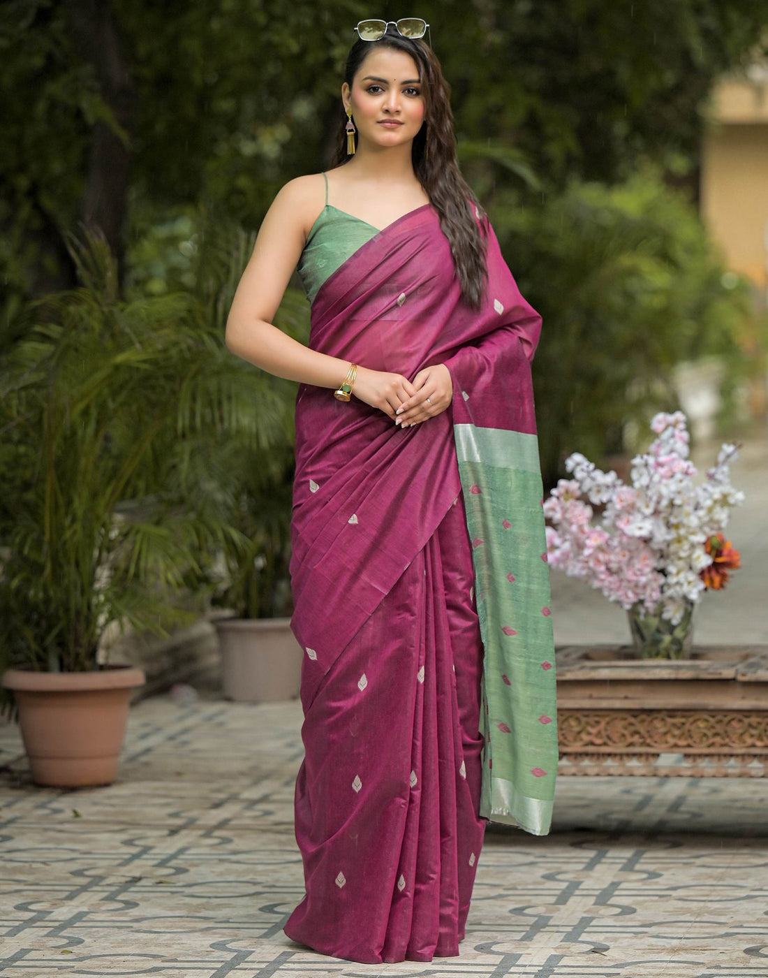Wine Linen Woven Saree