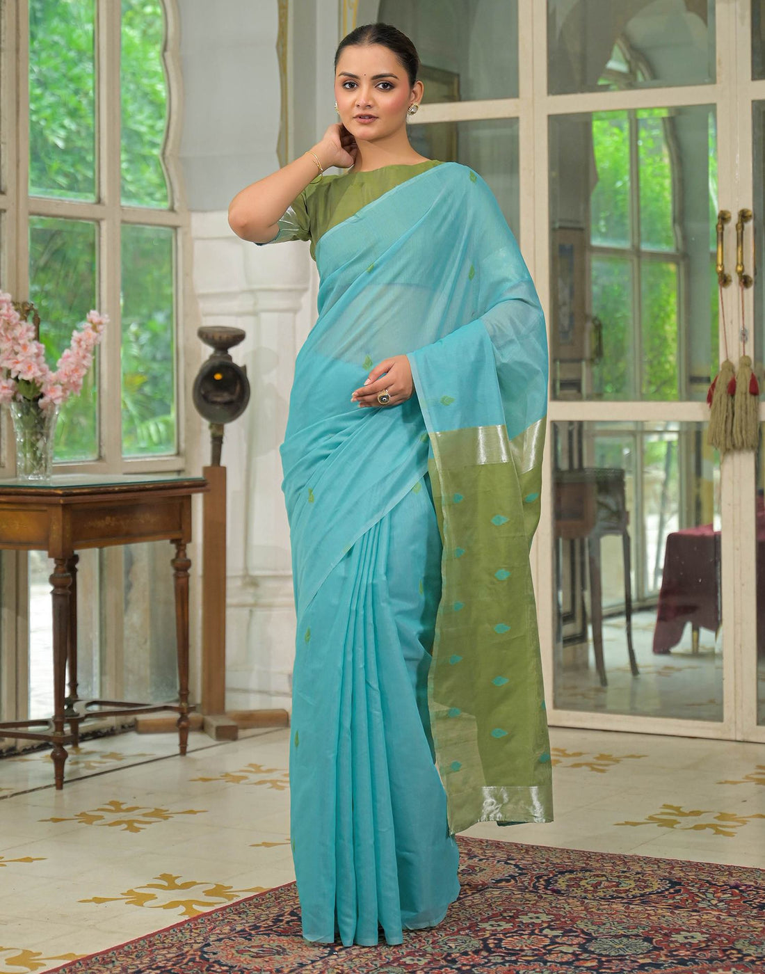 Turqoise Blue Linen Woven Saree