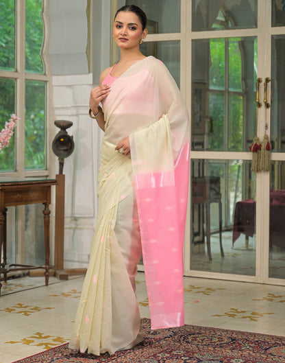 Cream. Pink Linen Woven Saree