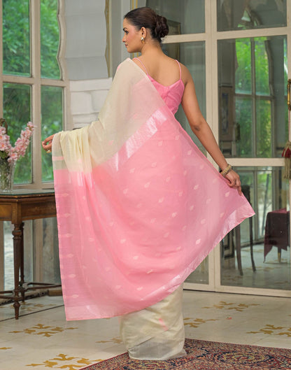 Cream. Pink Linen Woven Saree