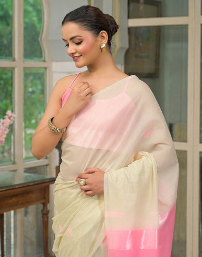 Cream. Pink Linen Woven Saree