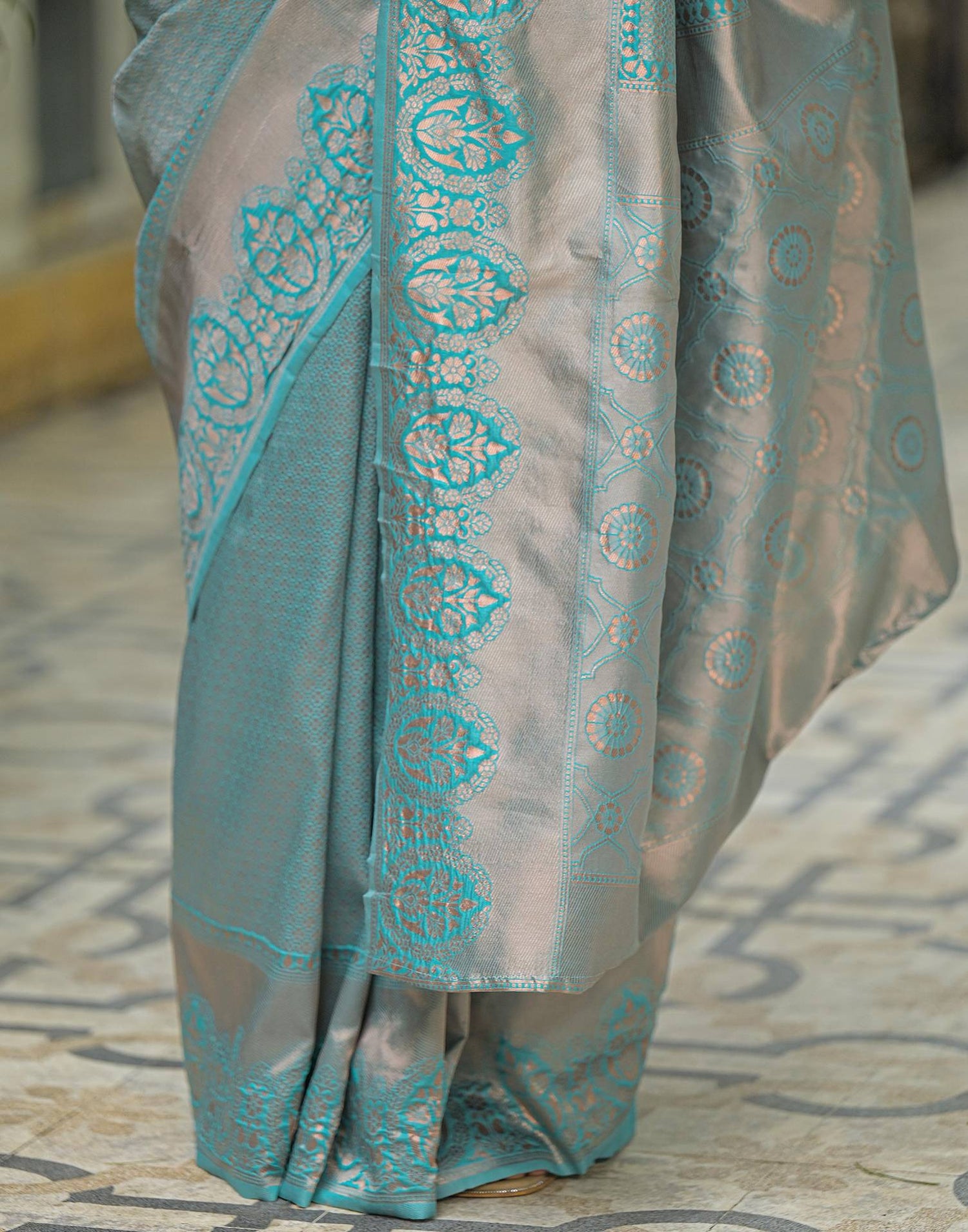 Turquoise Blue Silk Woven Kanjivaram Saree