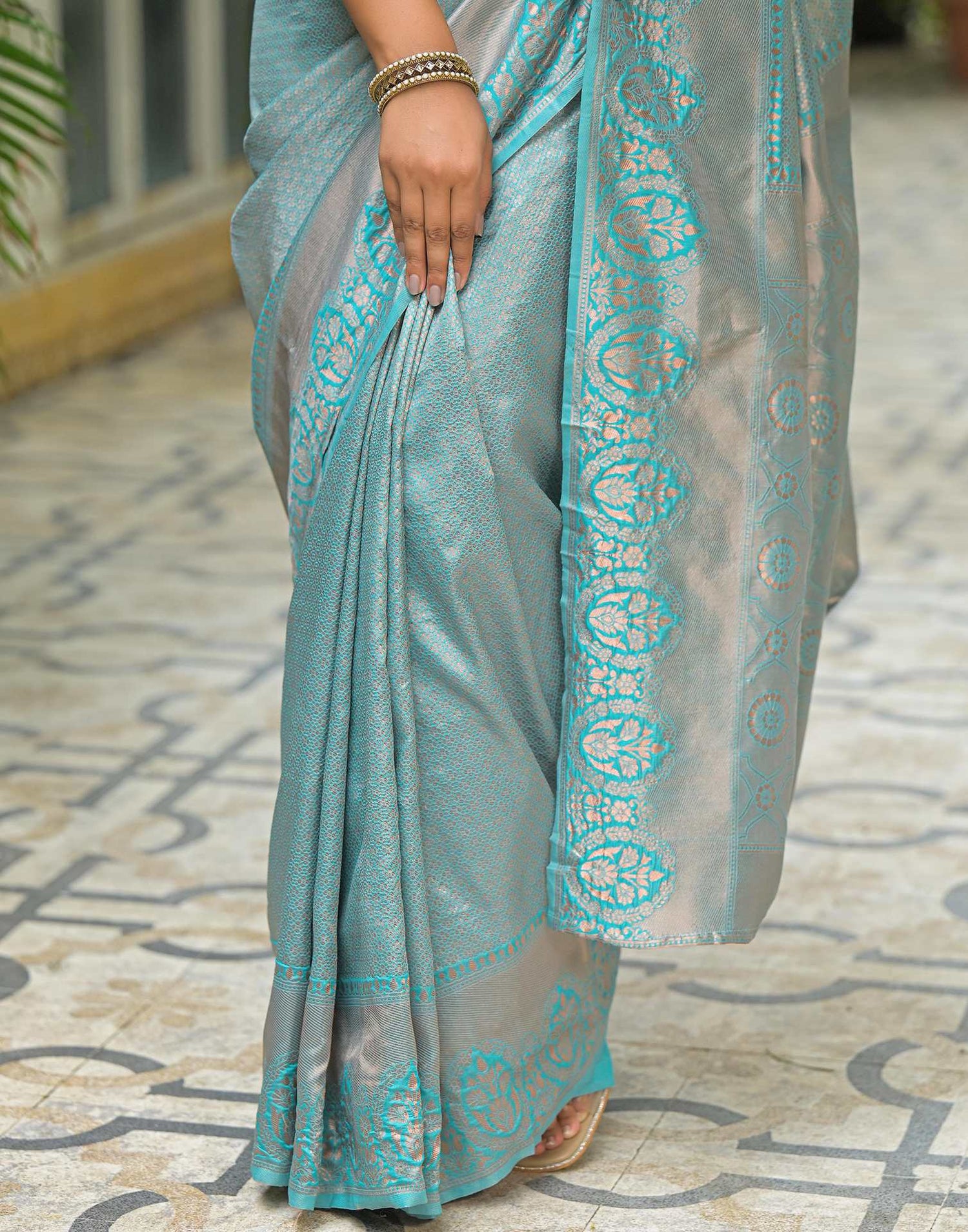 Turquoise Blue Silk Woven Kanjivaram Saree