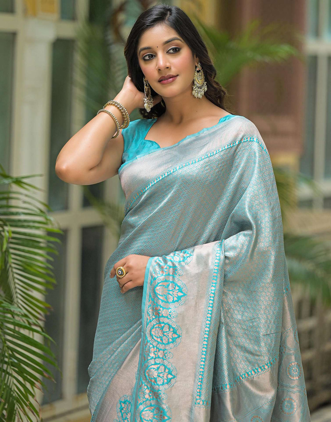 Turquoise Blue Silk Woven Kanjivaram Saree