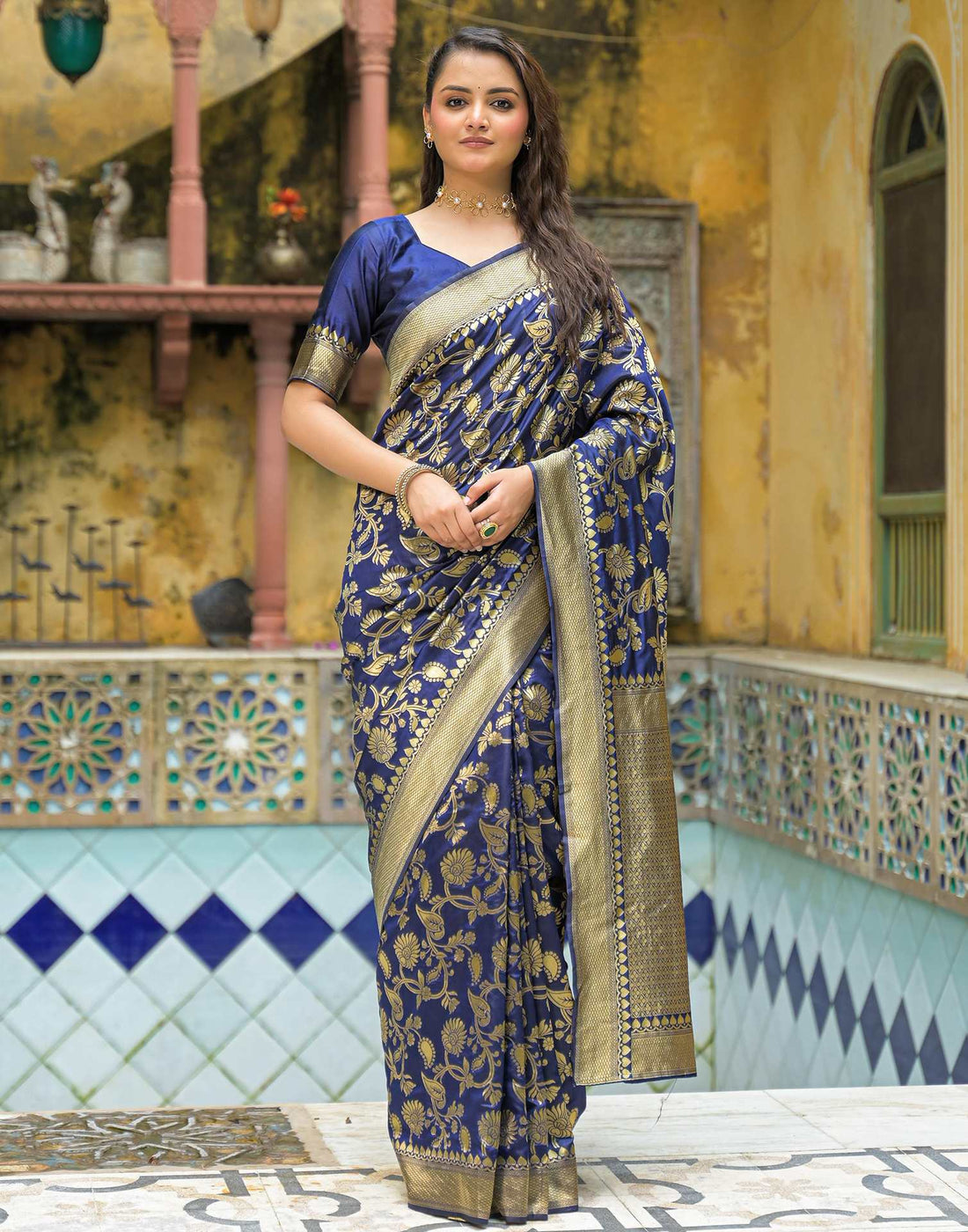 Navy Blue Silk Woven Banarasi Saree