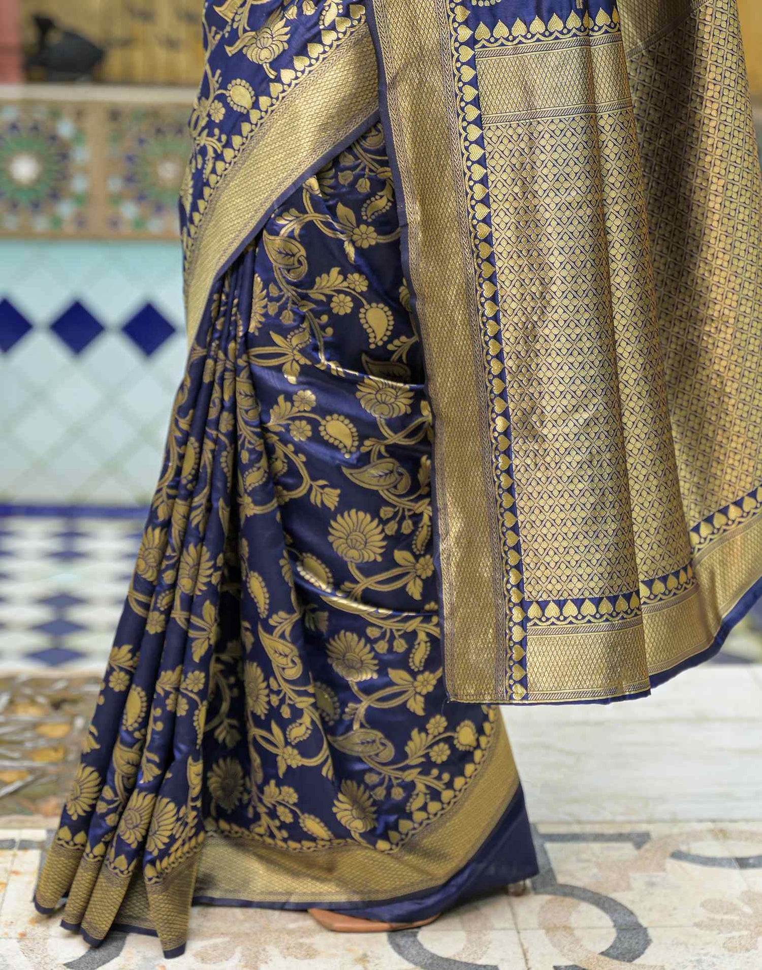 Navy Blue Silk Woven Banarasi Saree