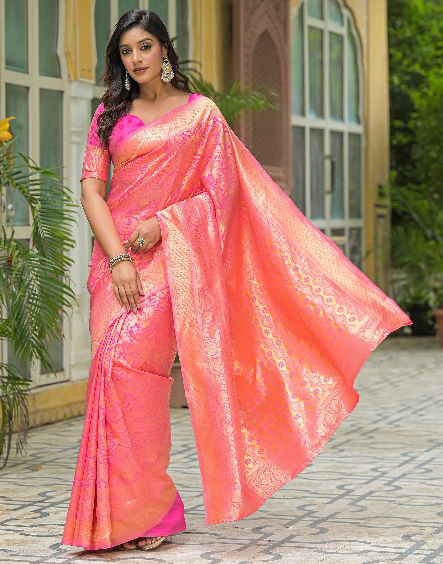 Pink Silk Woven Banarasi Saree