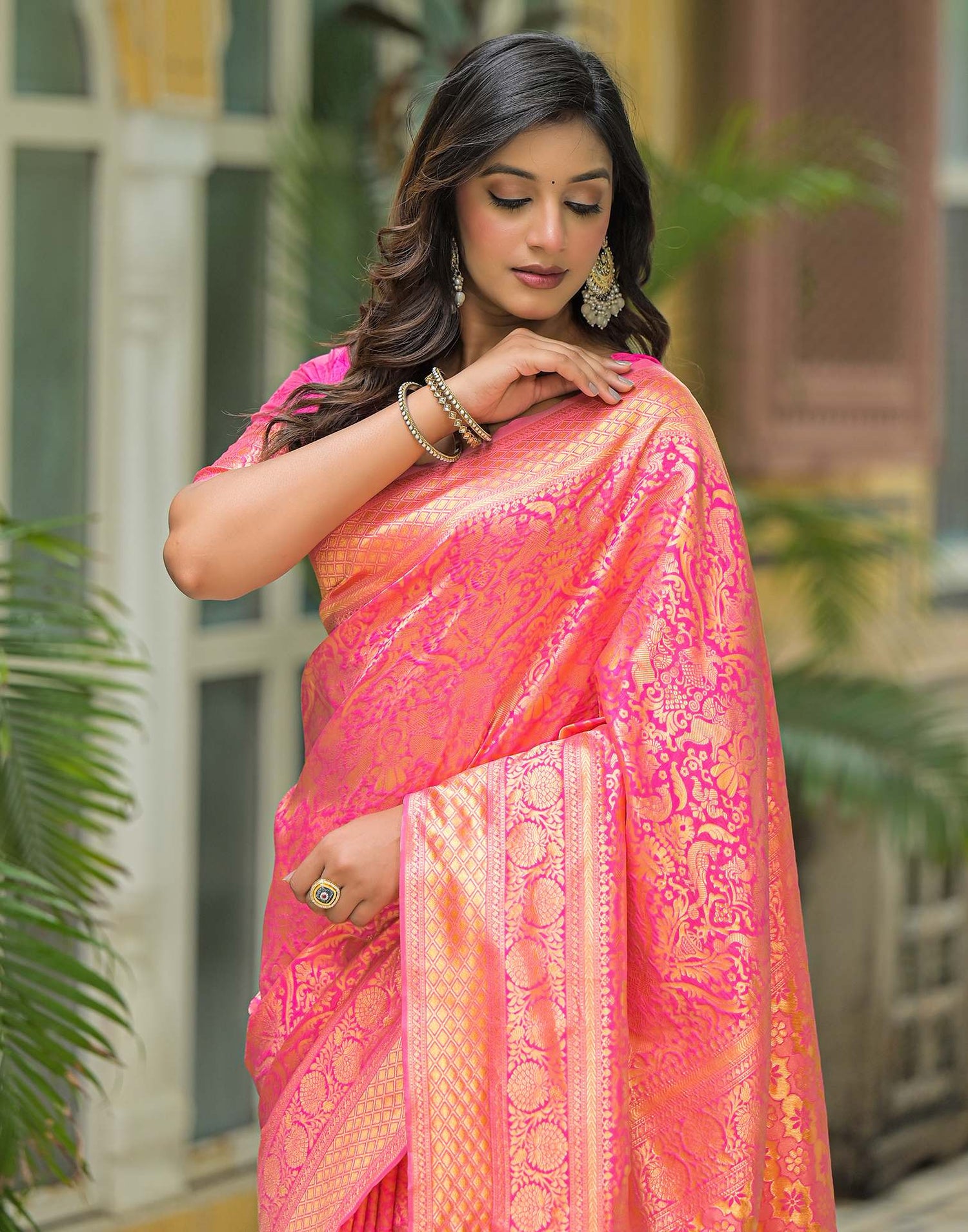 Pink Silk Woven Banarasi Saree