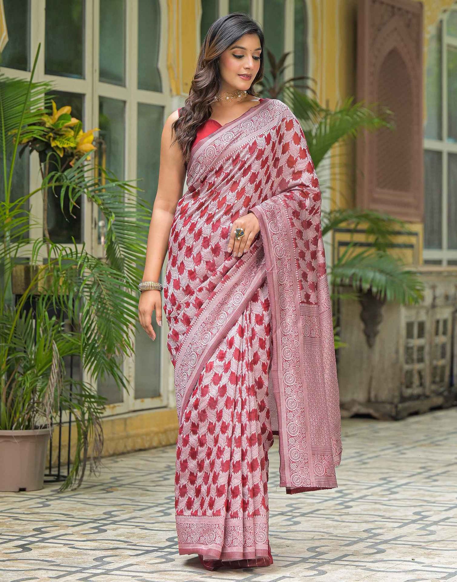 Maroon Silver Silk Woven Saree
