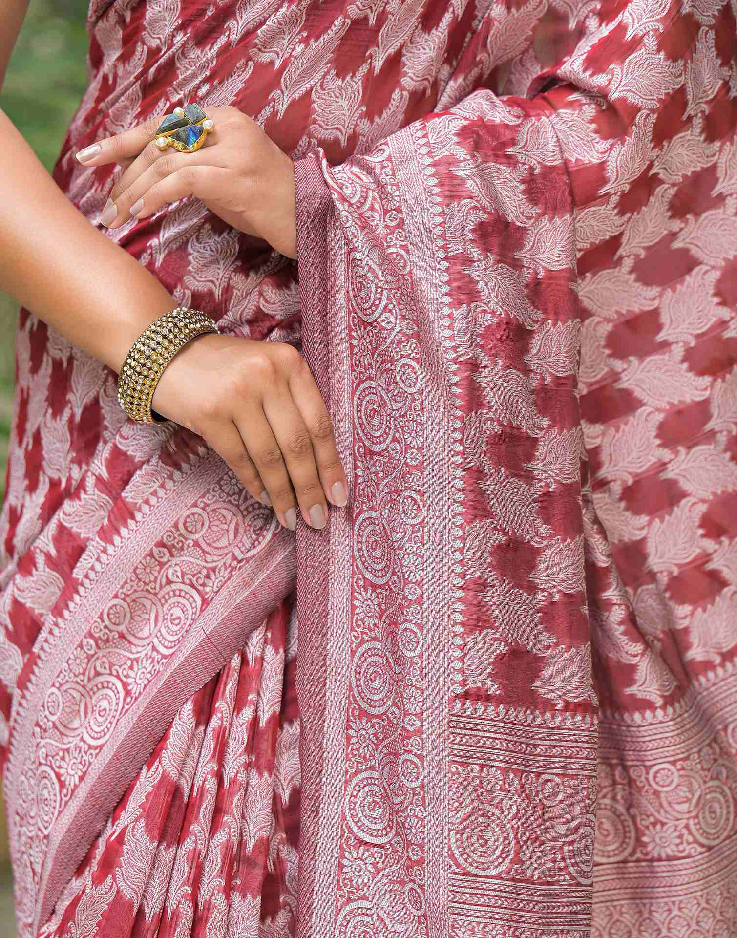 Maroon Silver Silk Woven Saree