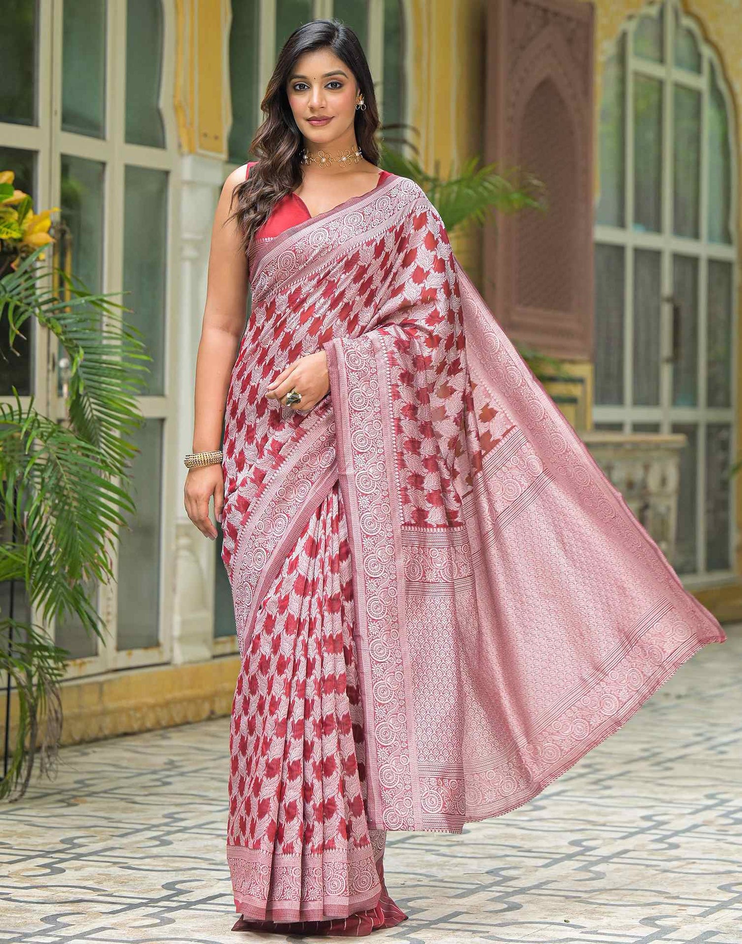 Maroon Silver Silk Woven Saree