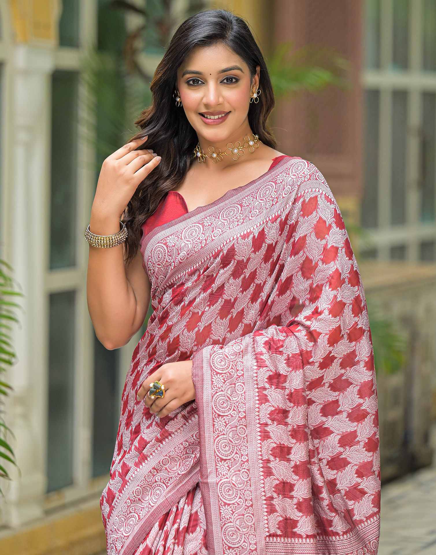 Maroon Silver Silk Woven Saree