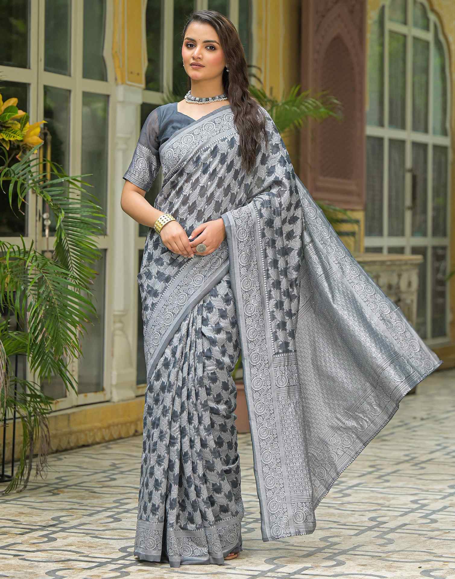 Grey Silk Woven Saree