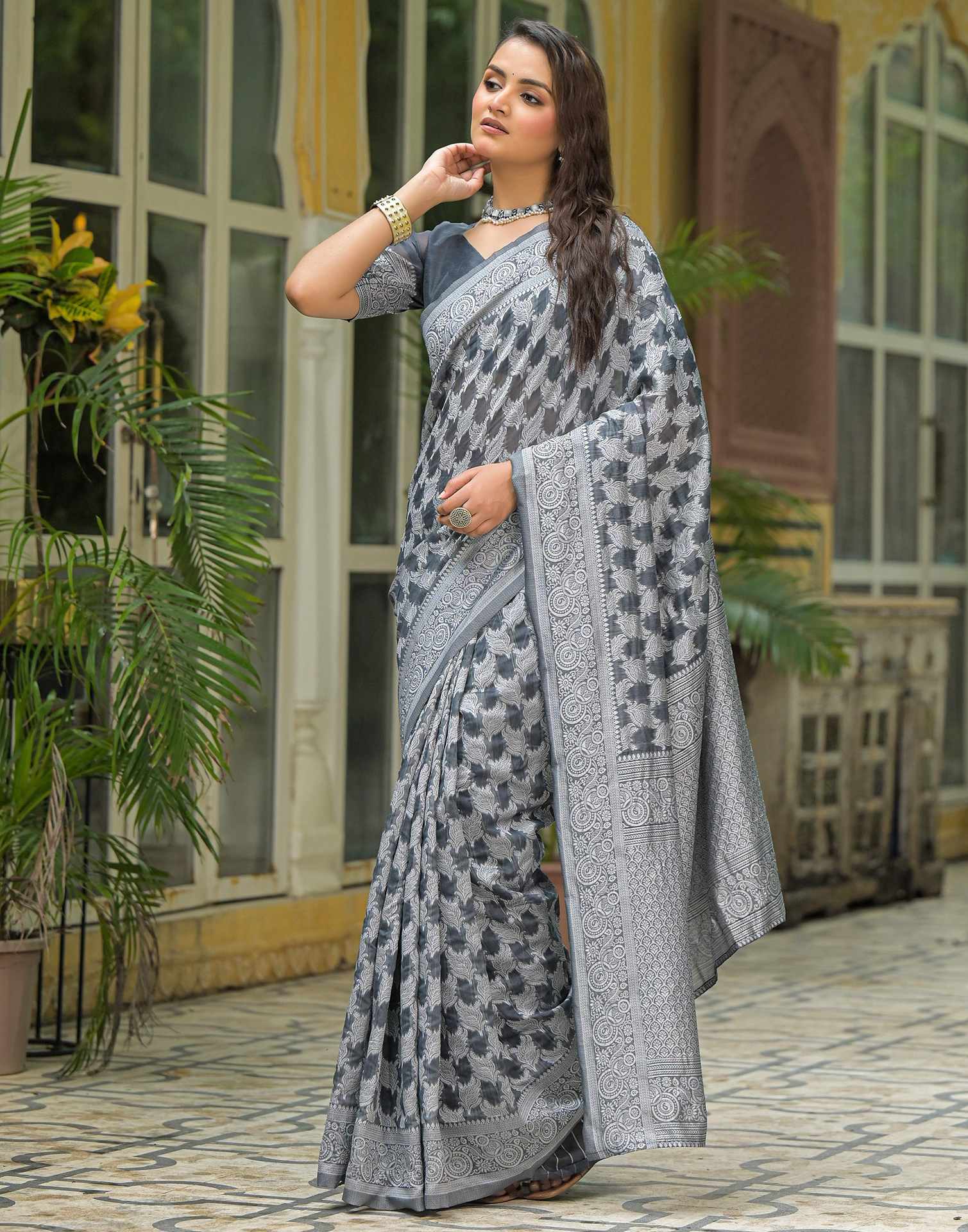 Grey Silk Woven Saree
