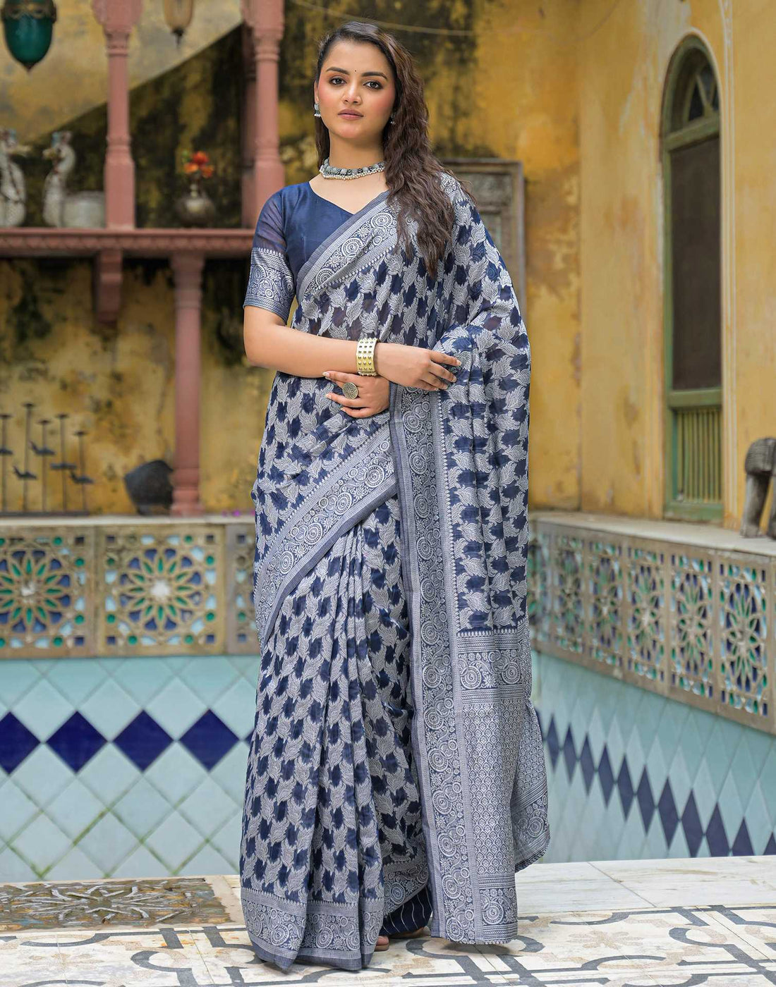 Navy Blue Silk Woven Saree