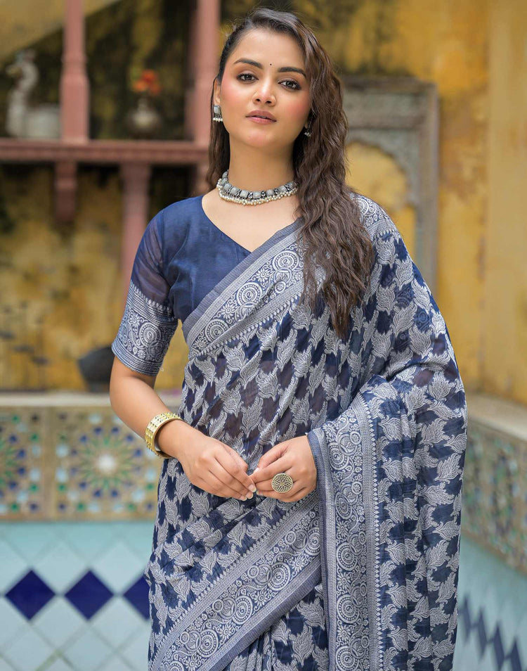 Navy Blue Silk Woven Saree