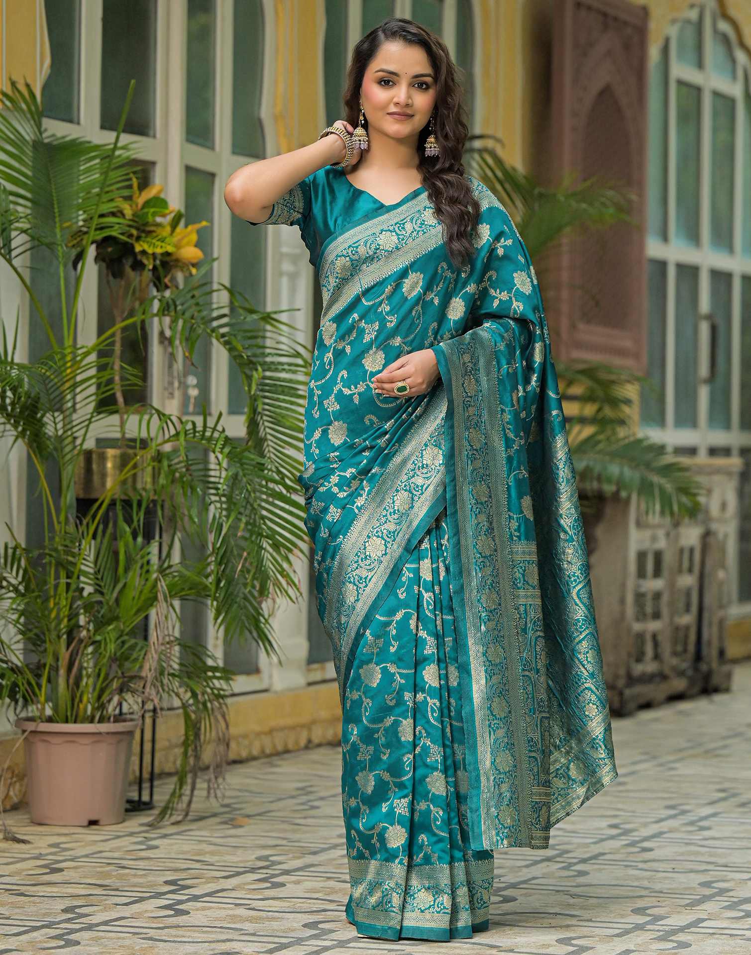 Teal Green Silk Woven Banarasi Saree