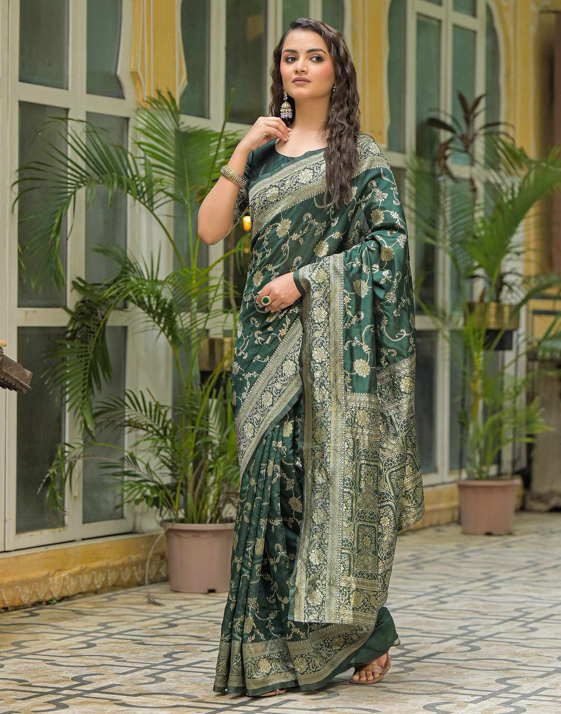 Bottle Green Silk Woven Banarasi Saree