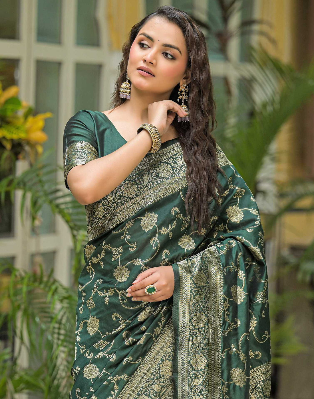 Bottle Green Silk Woven Banarasi Saree