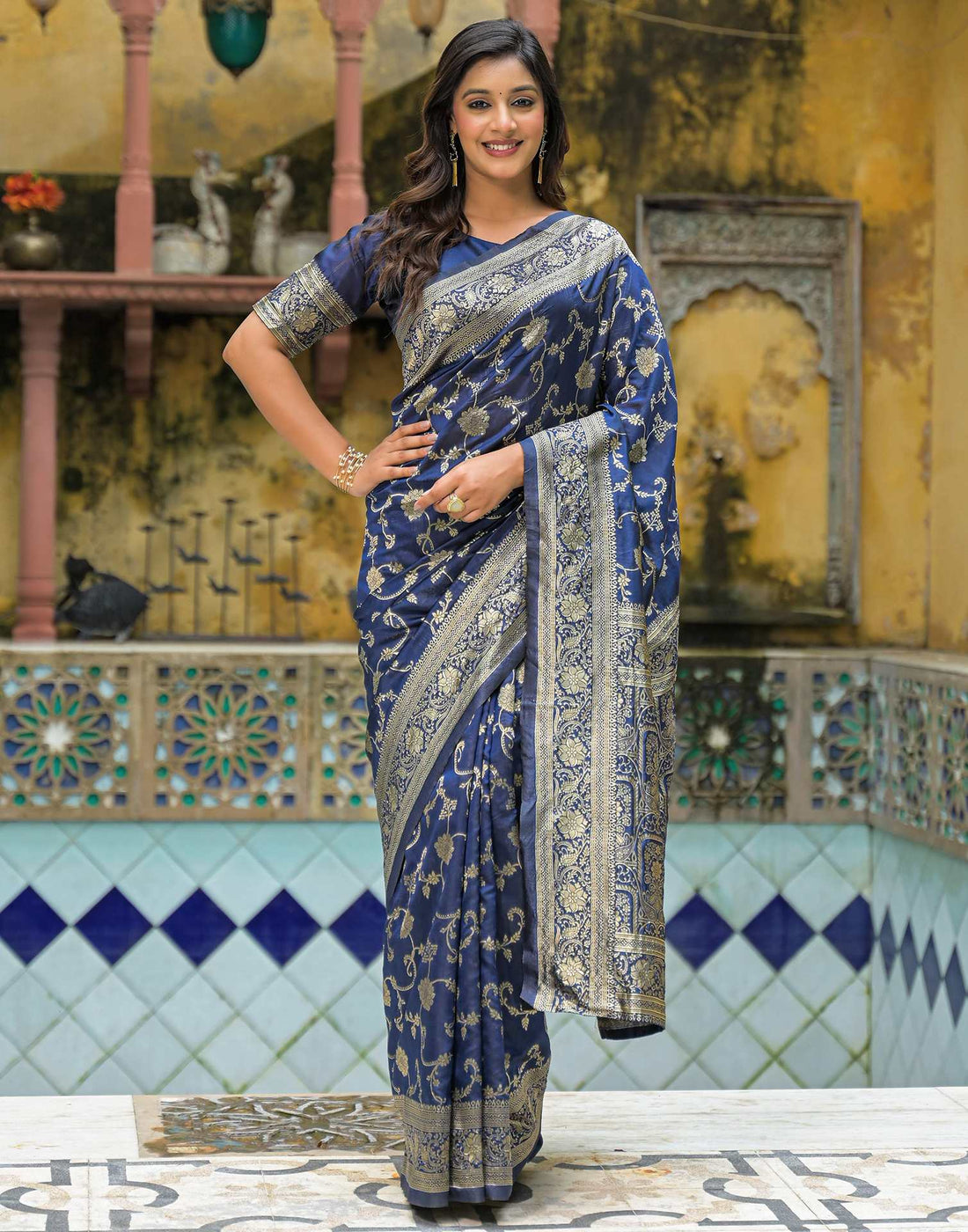 Navy Blue Silk Woven Banarasi Saree