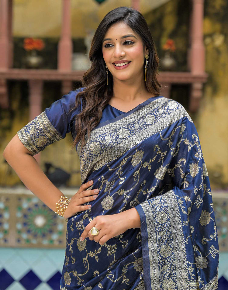 Navy Blue Silk Woven Banarasi Saree