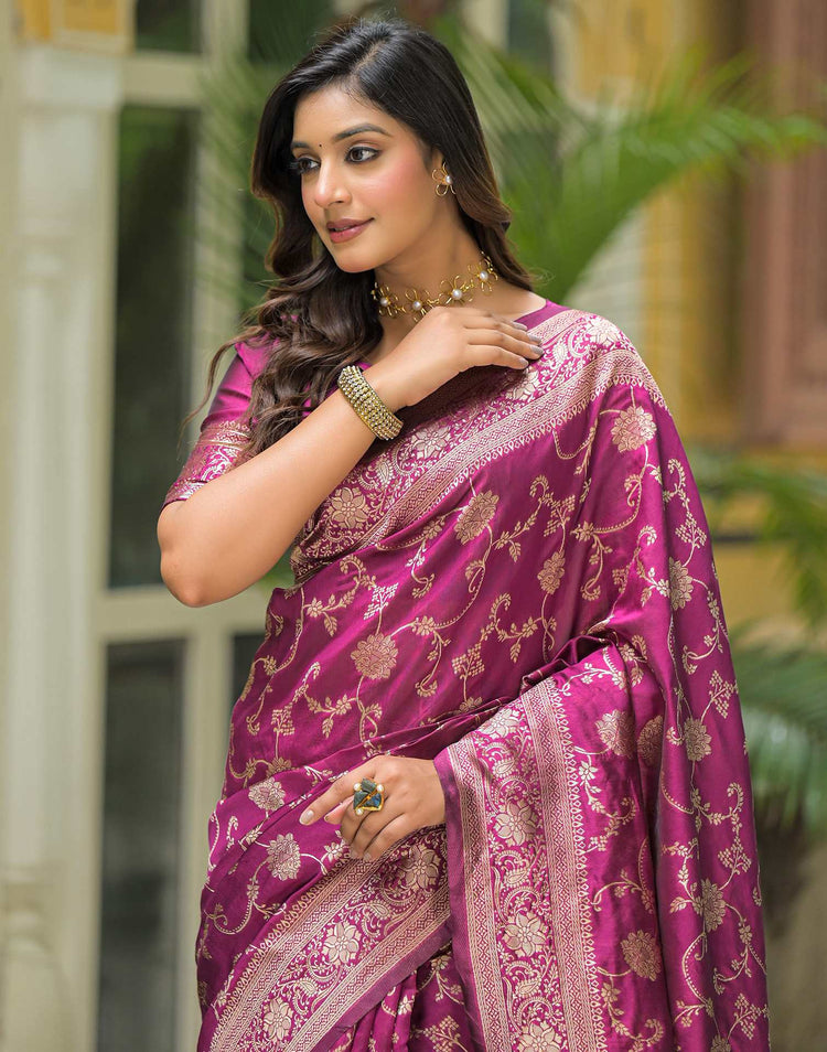 Dark Magenta Silk Woven Banarasi Saree