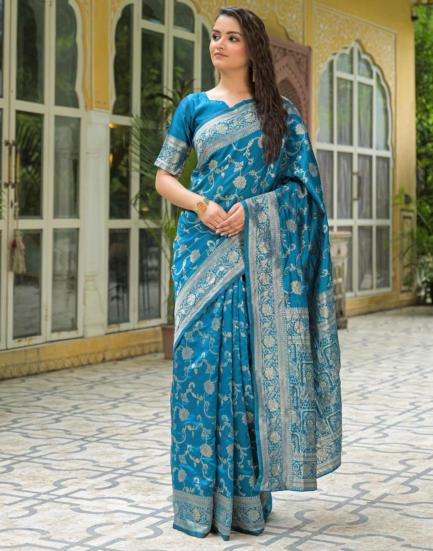 Teal Blue Silk Woven Banarasi Saree