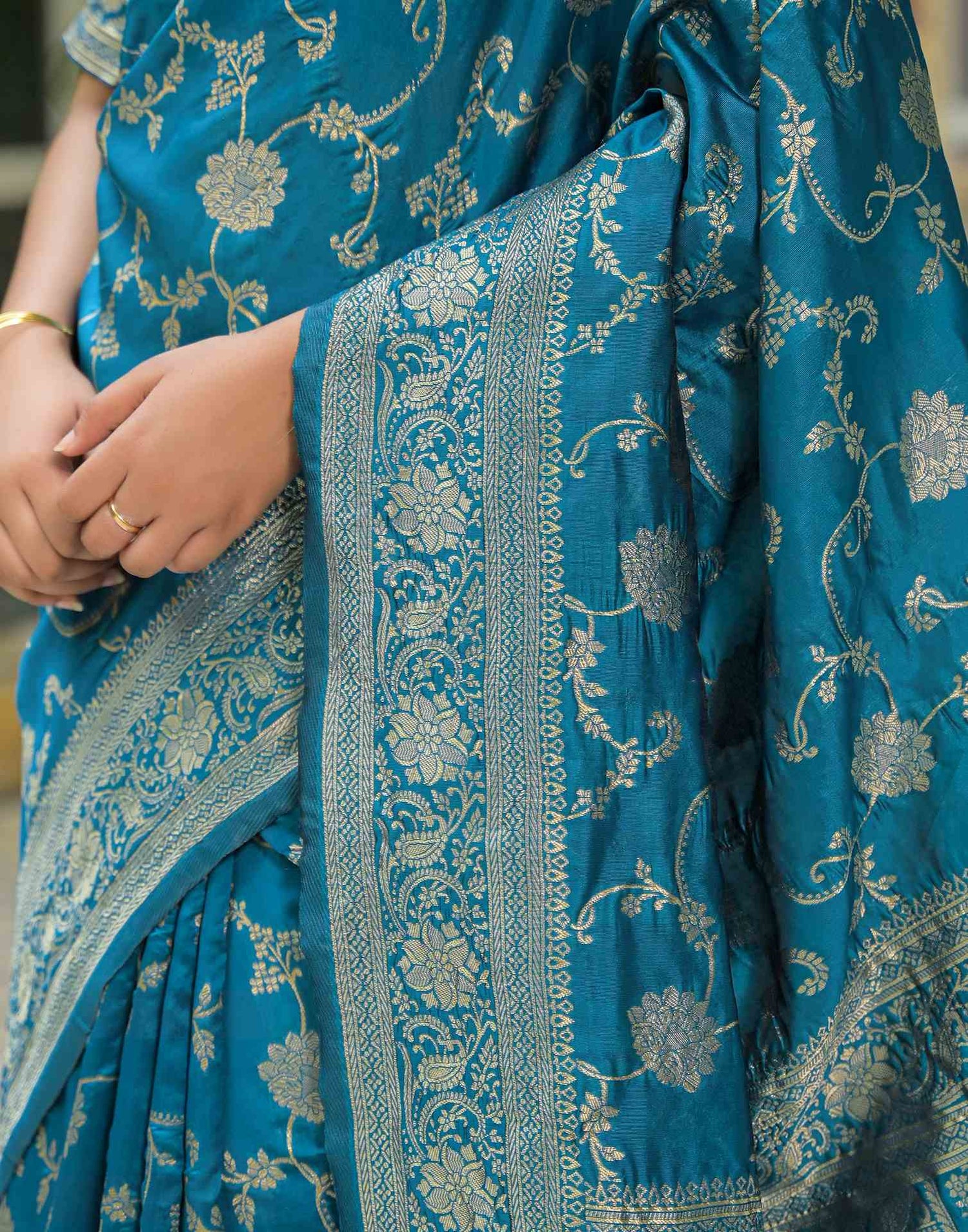Teal Blue Silk Woven Banarasi Saree