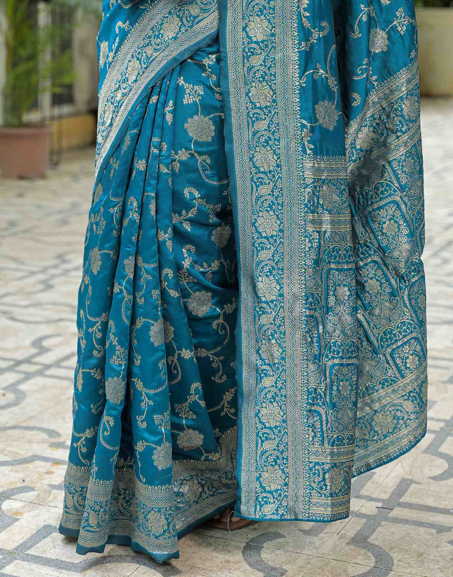 Teal Blue Silk Woven Banarasi Saree