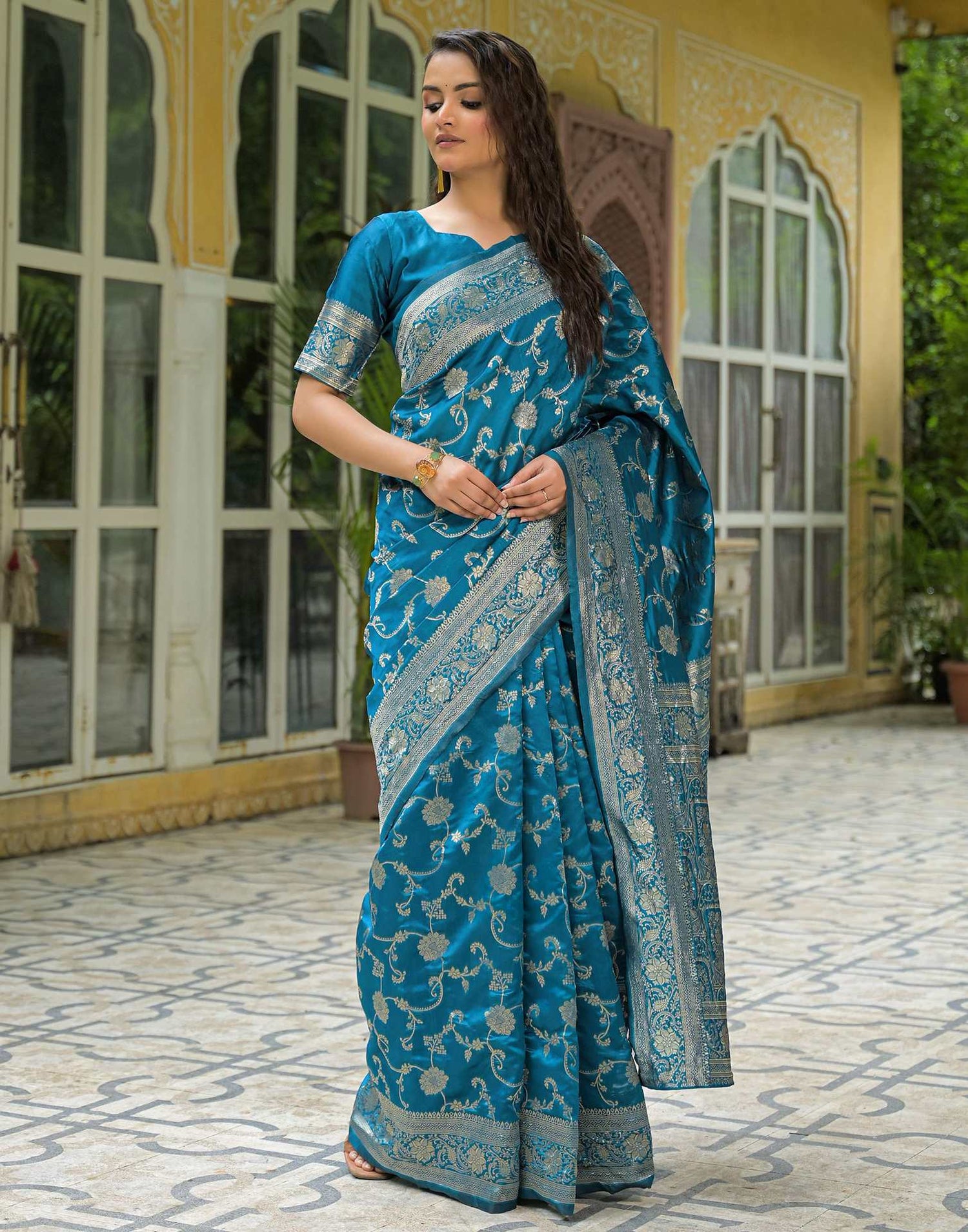 Teal Blue Silk Woven Banarasi Saree