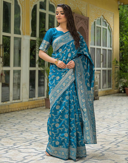 Teal Blue Silk Woven Banarasi Saree