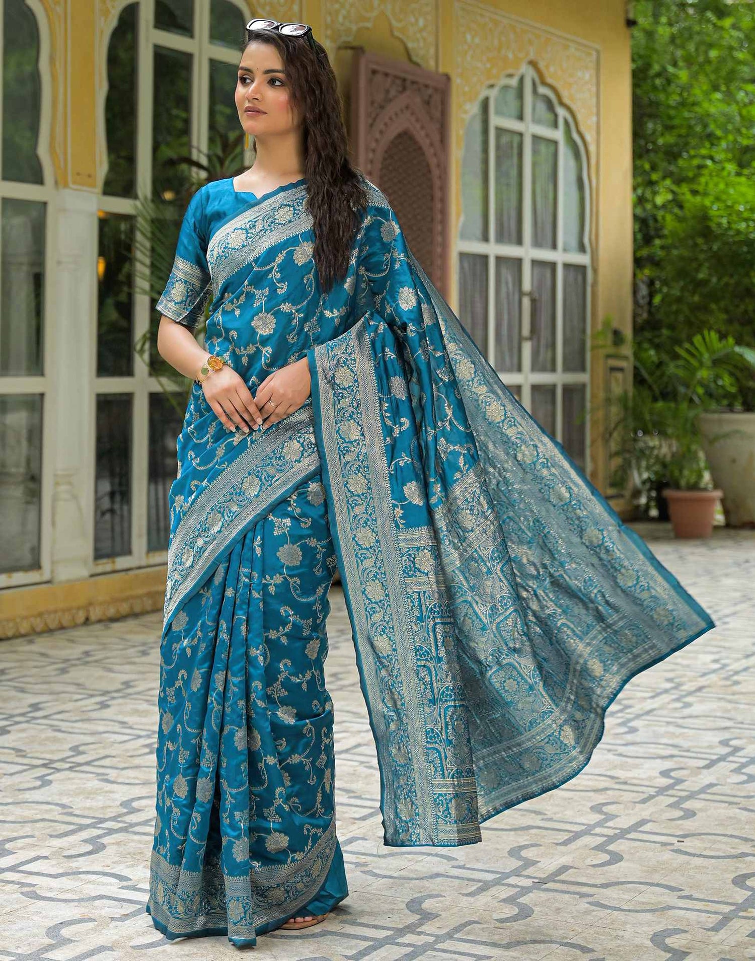 Teal Blue Silk Woven Banarasi Saree