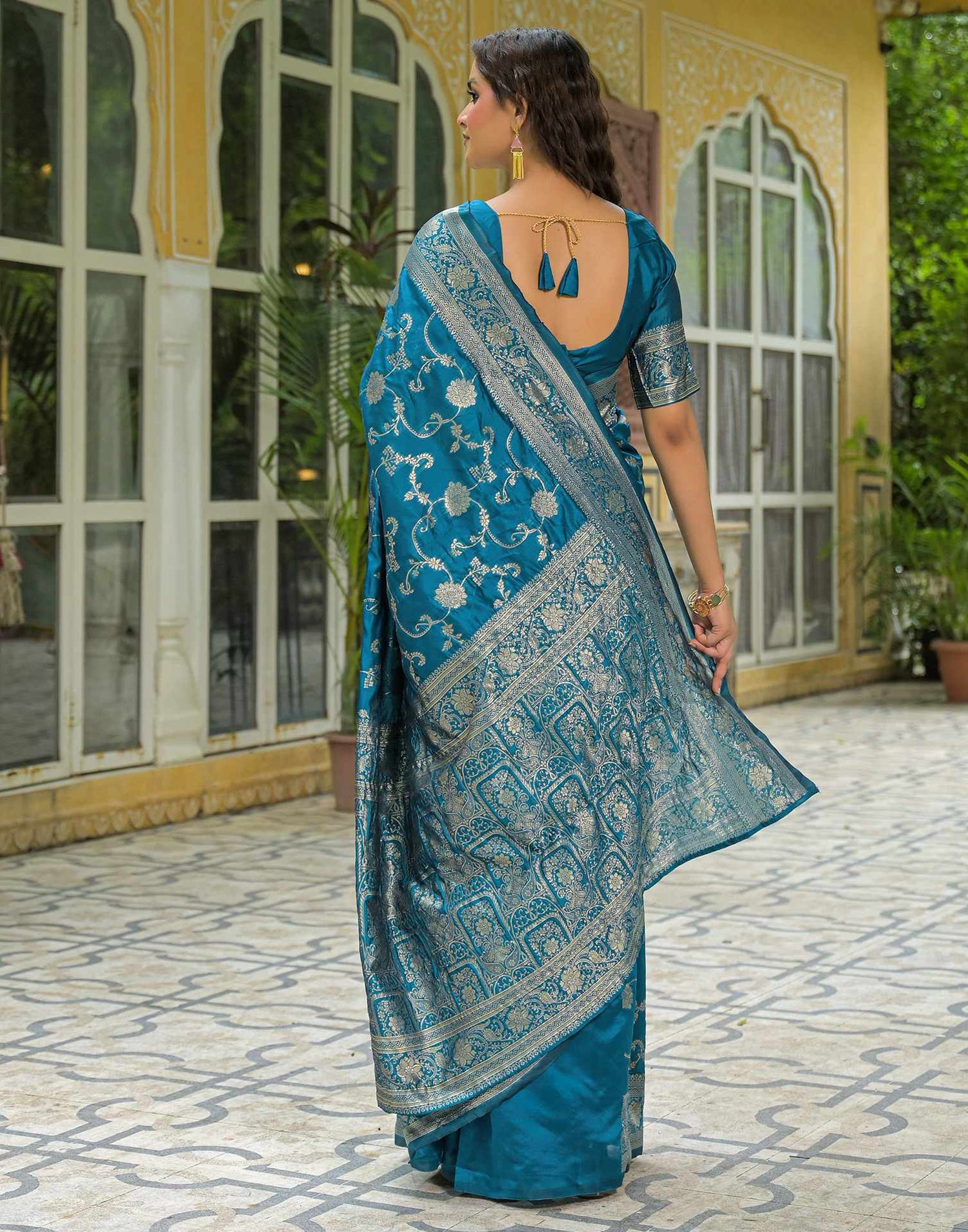 Teal Blue Silk Woven Banarasi Saree