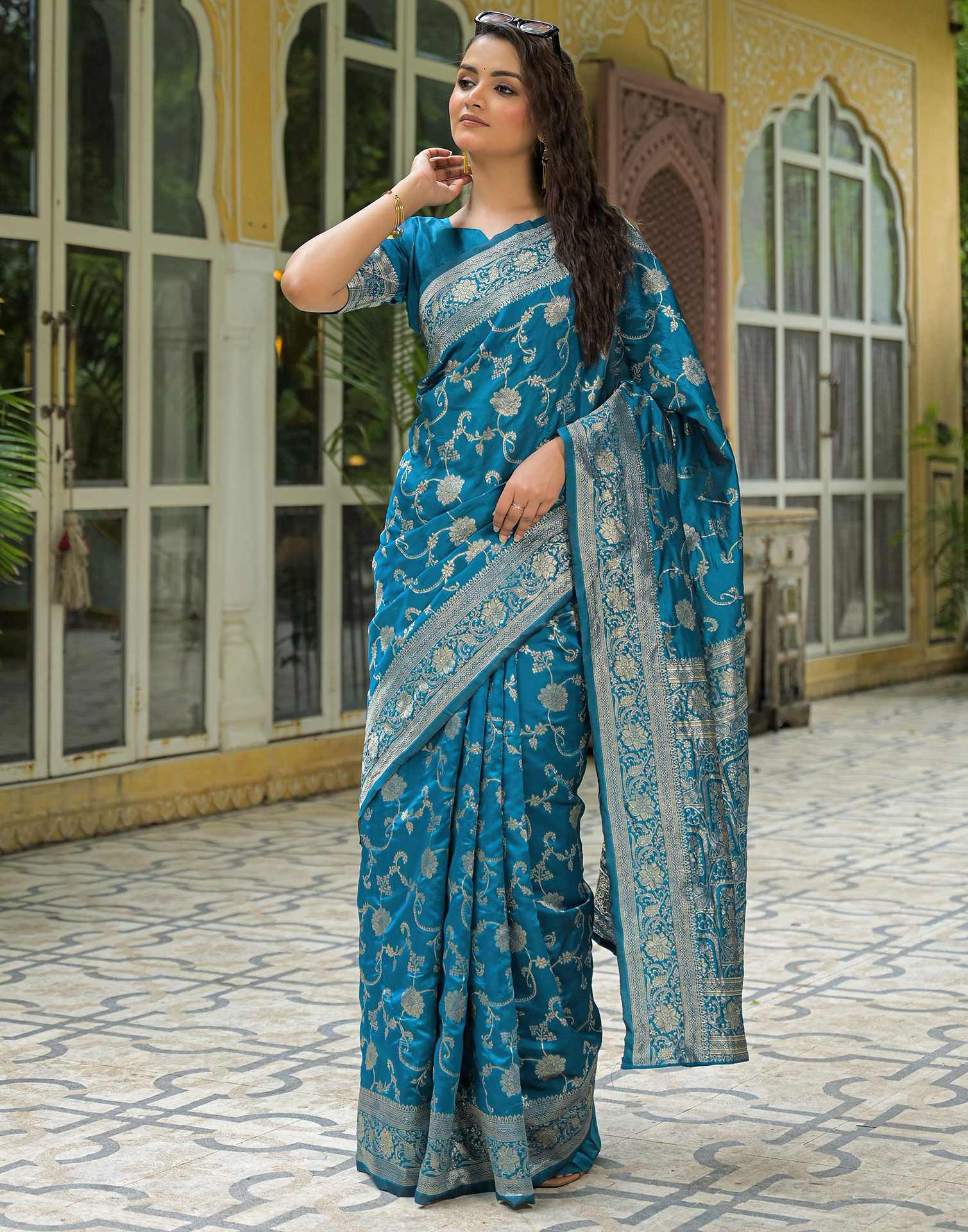 Teal Blue Silk Woven Banarasi Saree