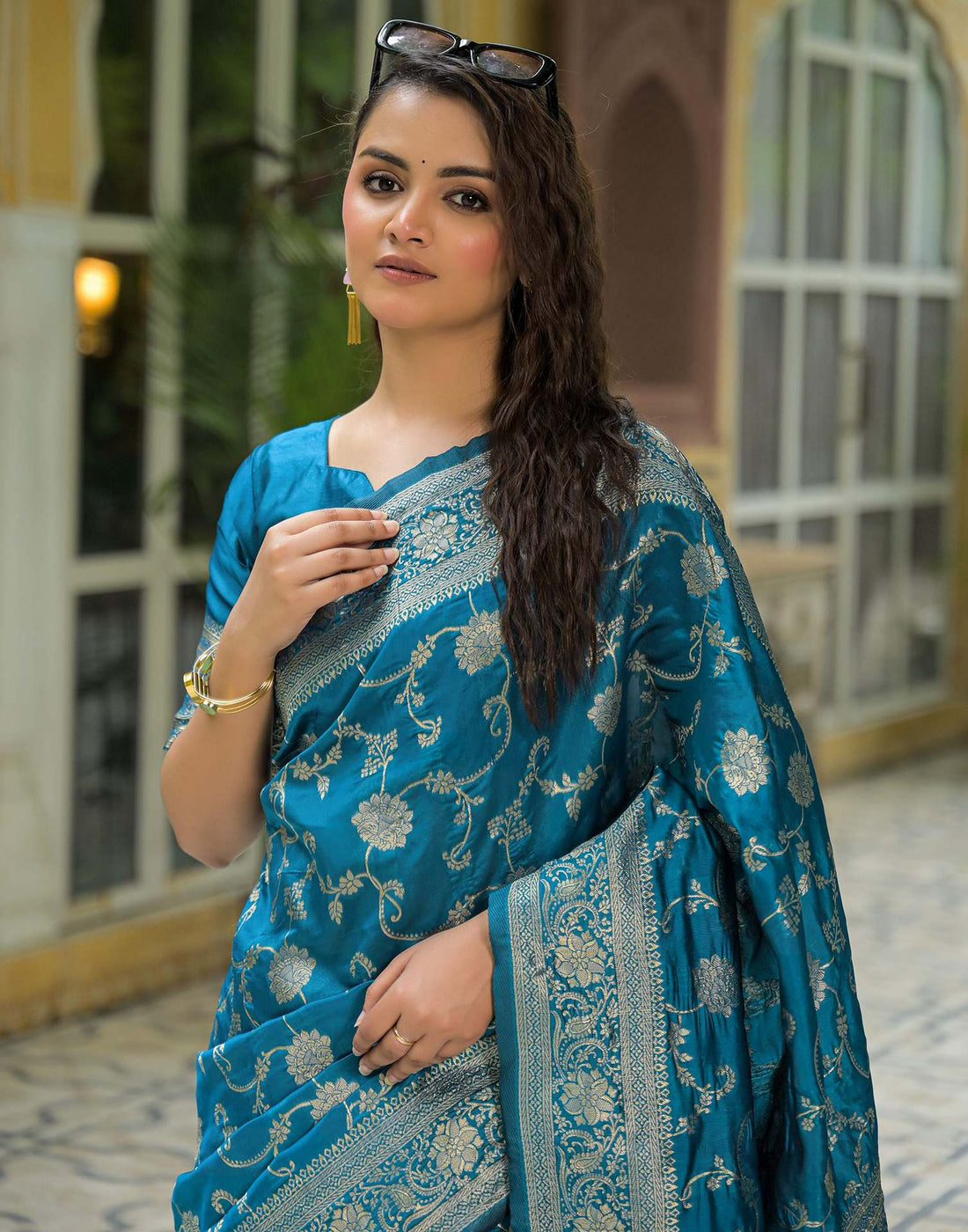 Teal Blue Silk Woven Banarasi Saree