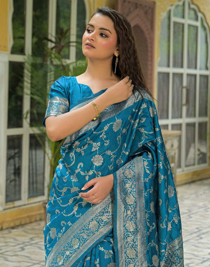 Teal Blue Silk Woven Banarasi Saree