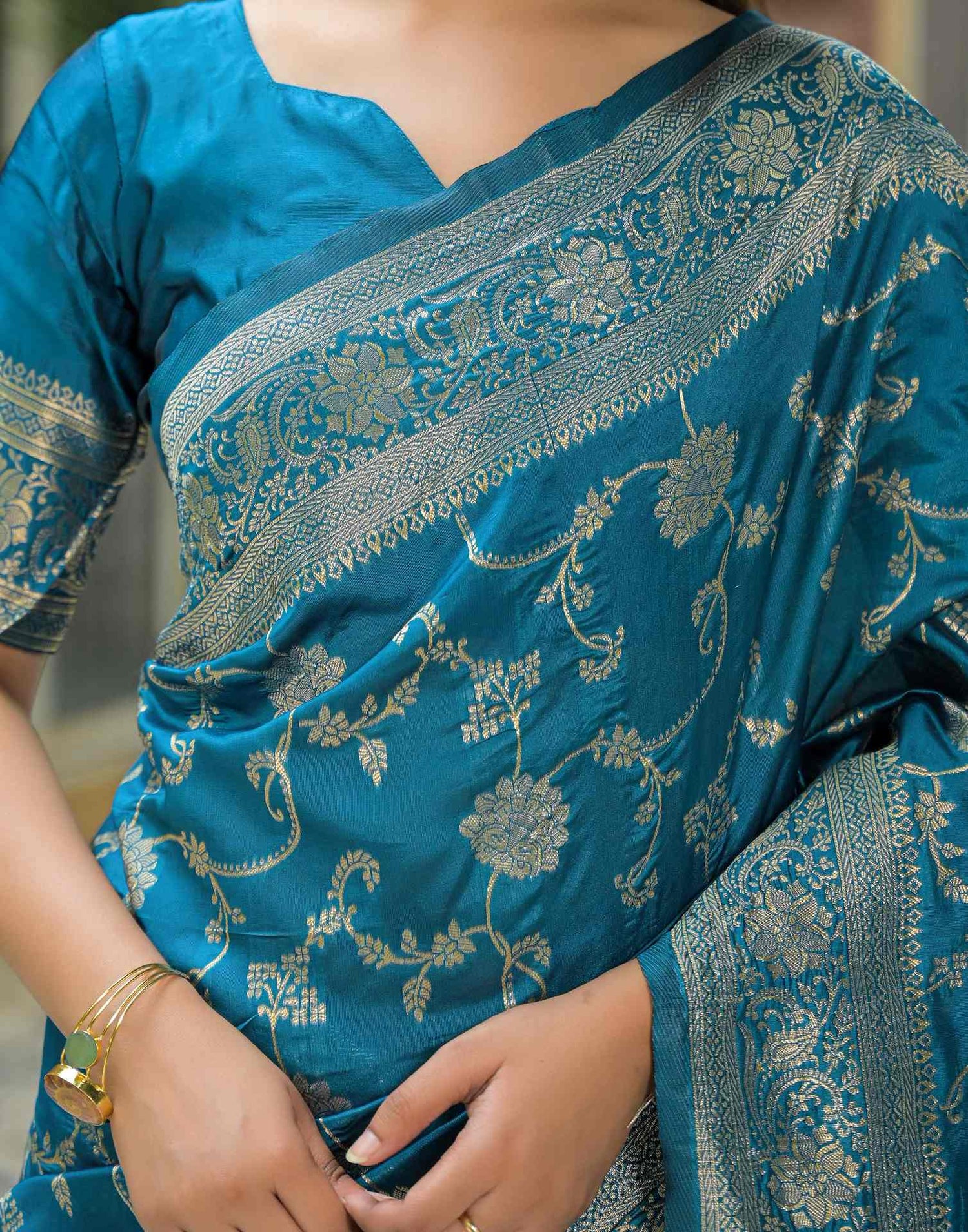 Teal Blue Silk Woven Banarasi Saree