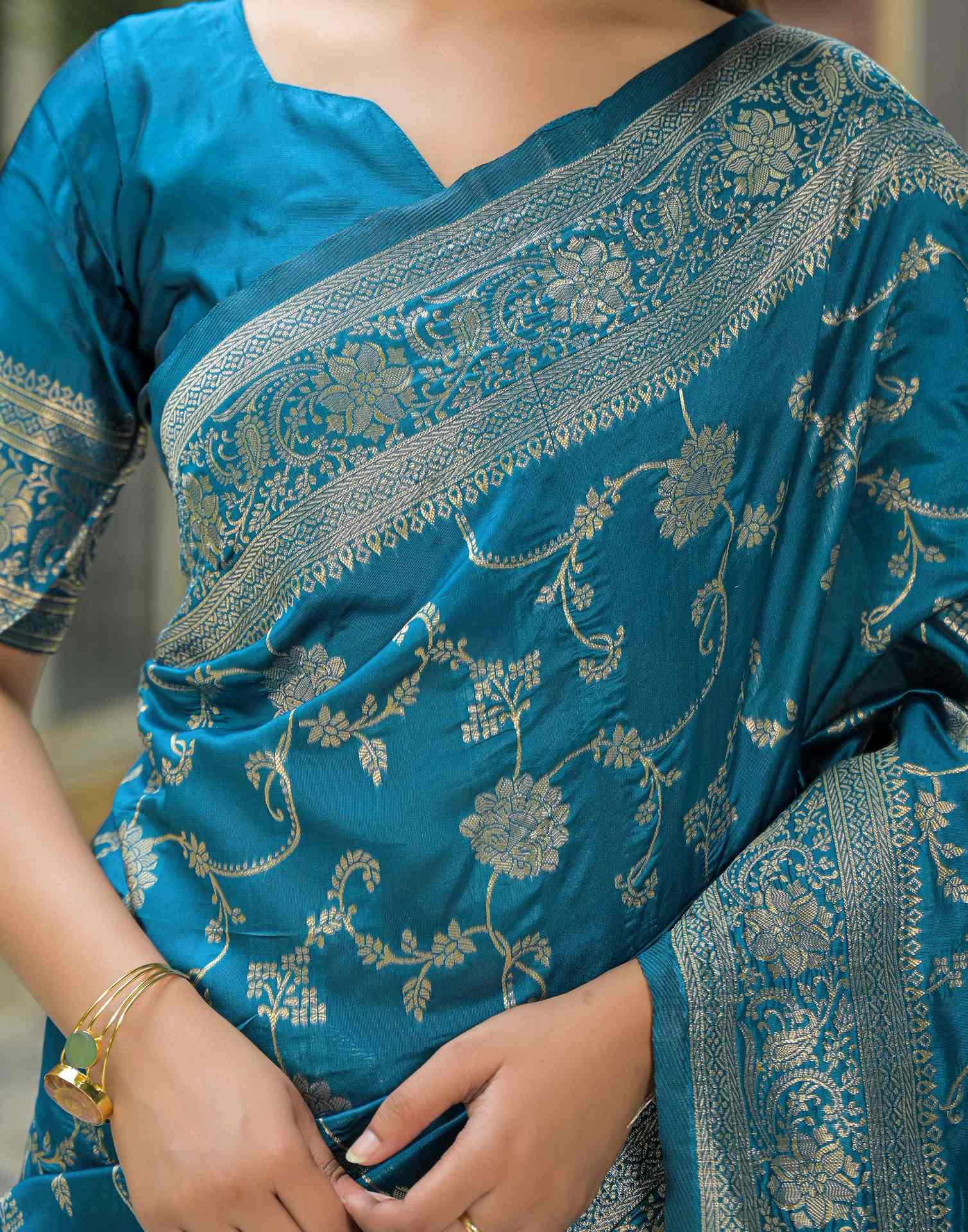 Teal Blue Silk Woven Banarasi Saree