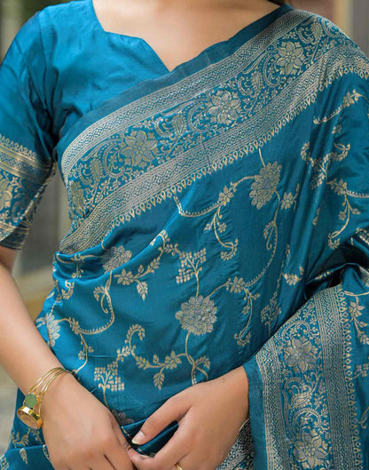 Teal Blue Silk Woven Banarasi Saree