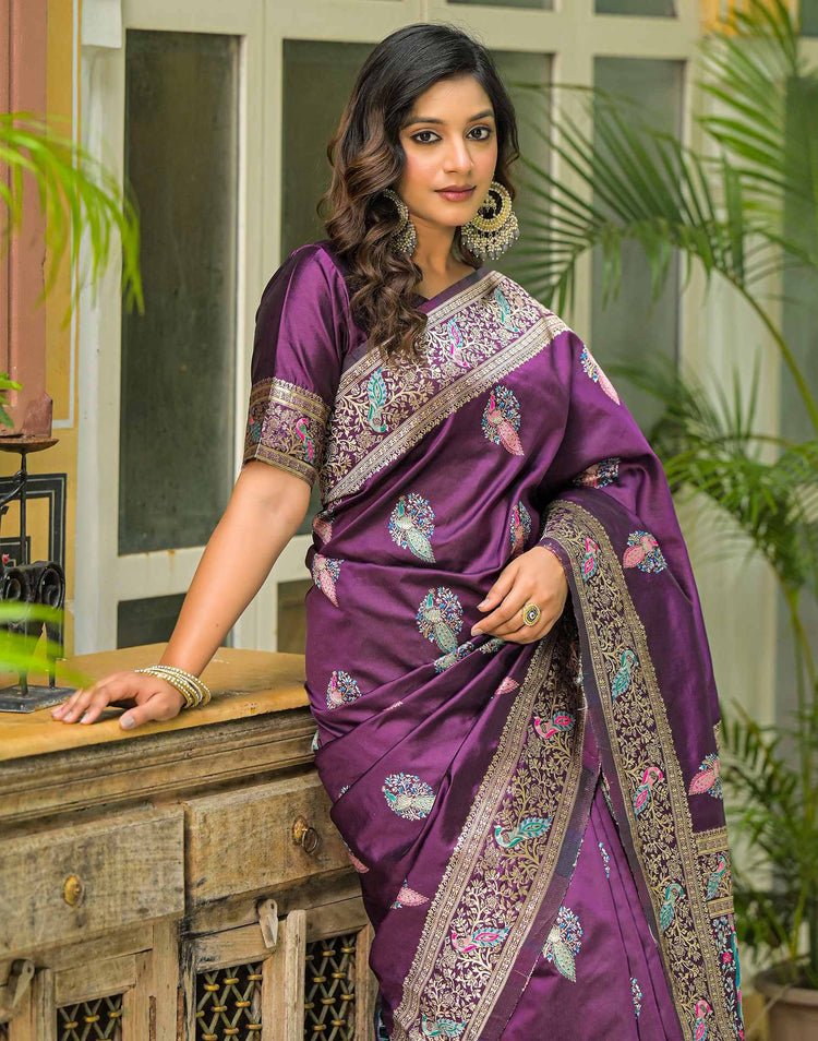 Dark Purple Silk Woven Banarasi Saree