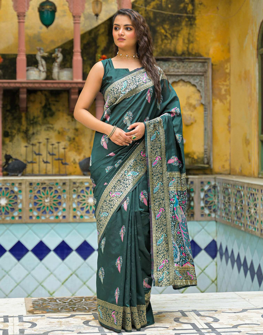 Bottle Green Silk Woven Saree