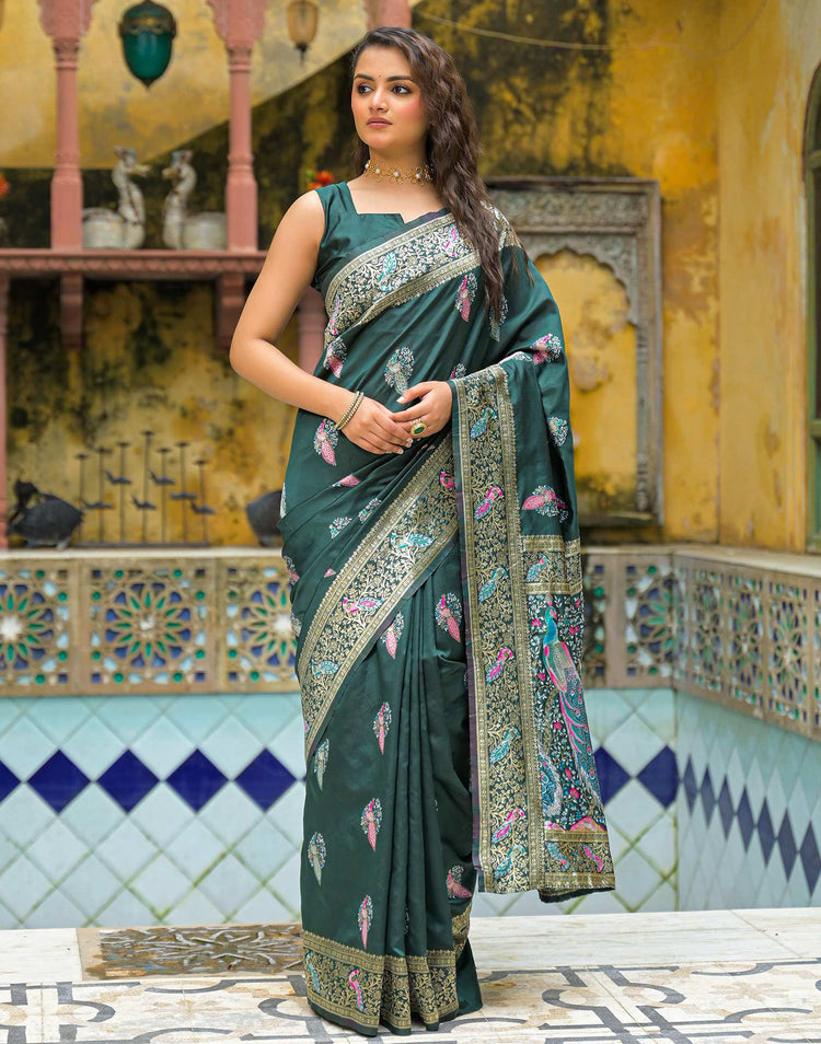 Bottle Green Silk Woven Banarasi Saree