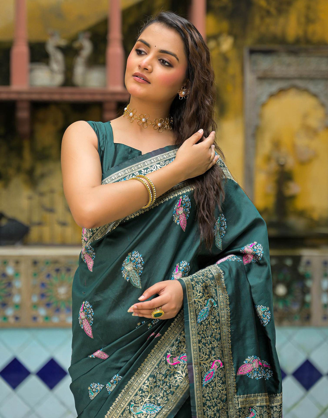 Bottle Green Silk Woven Saree
