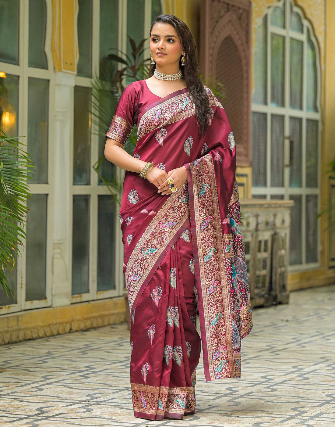 Maroon Silk Woven Saree