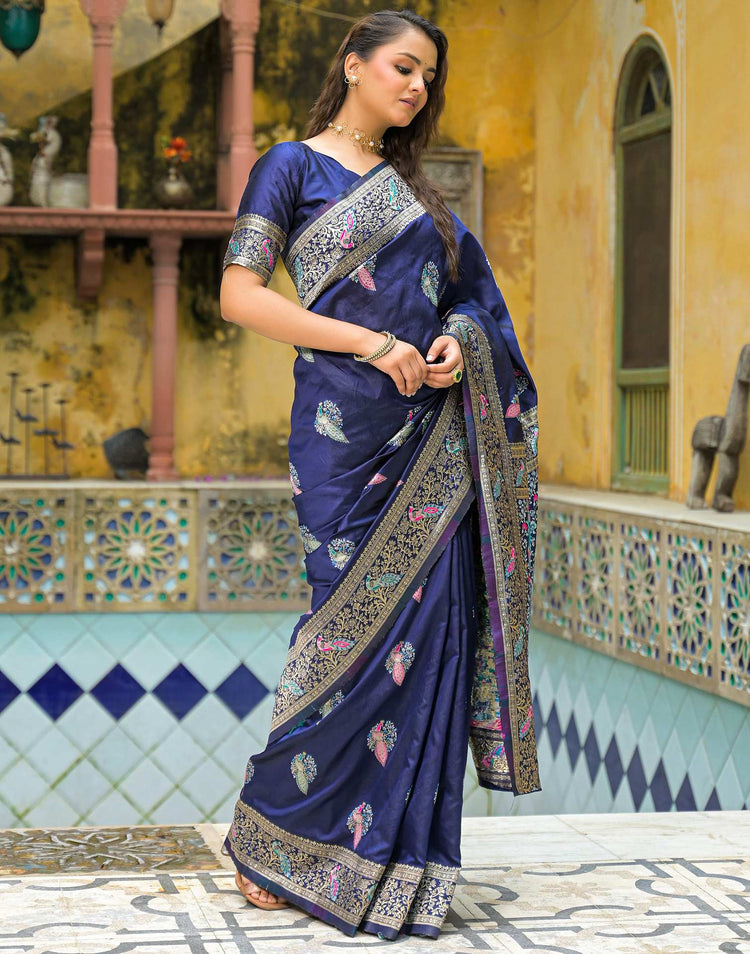 Navy Blue Silk Woven Banarasi Saree