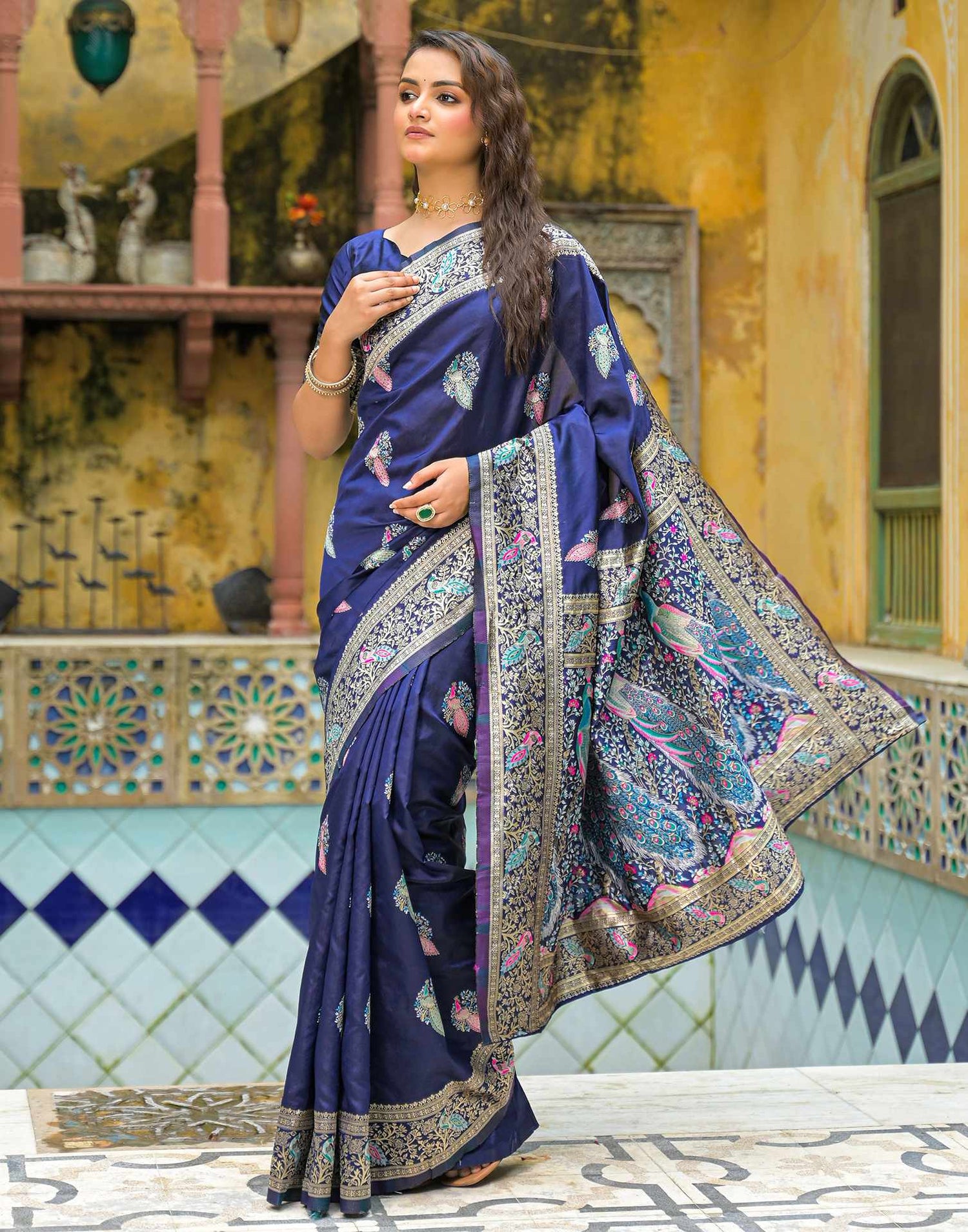 Navy Blue Silk Woven Saree