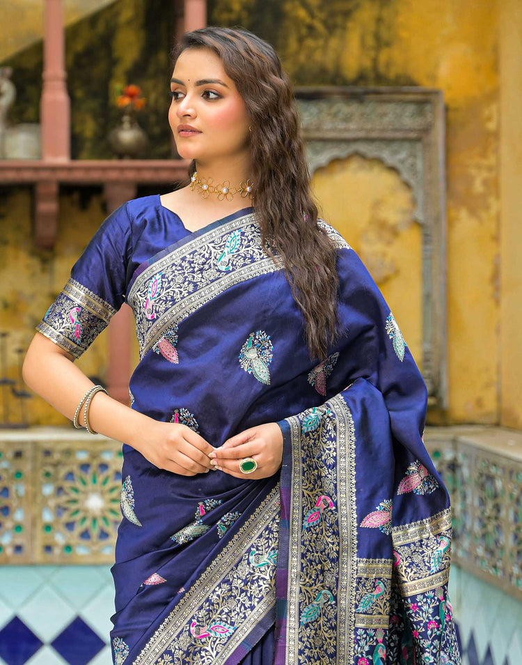 Navy Blue Silk Woven Banarasi Saree
