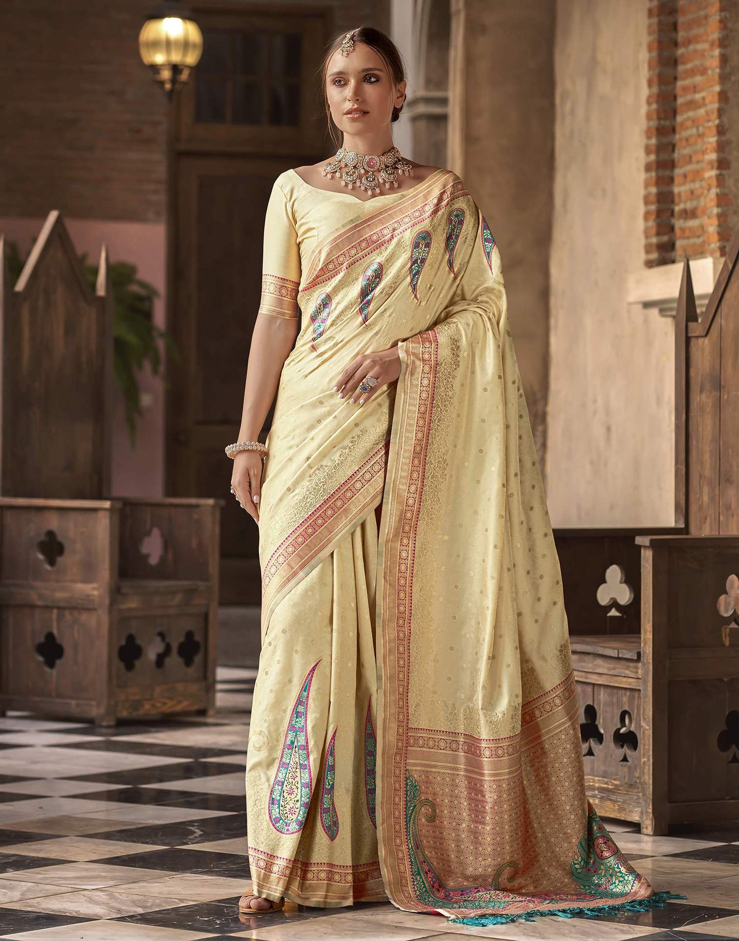 Beige Silk Woven Saree
