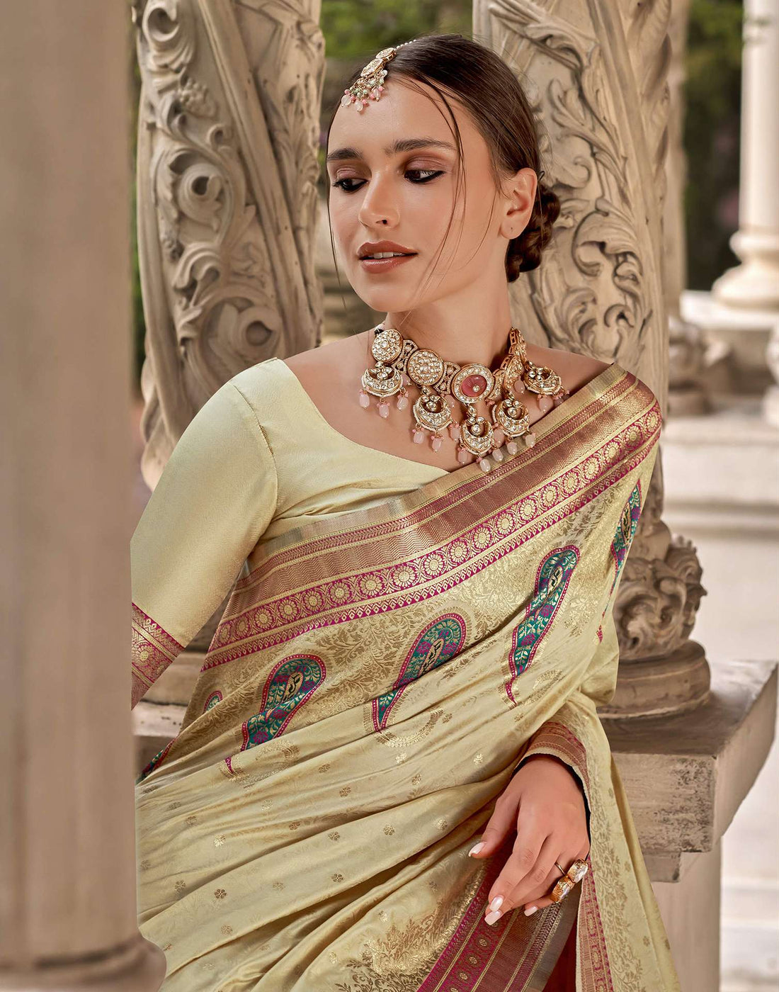Beige Silk Woven Saree